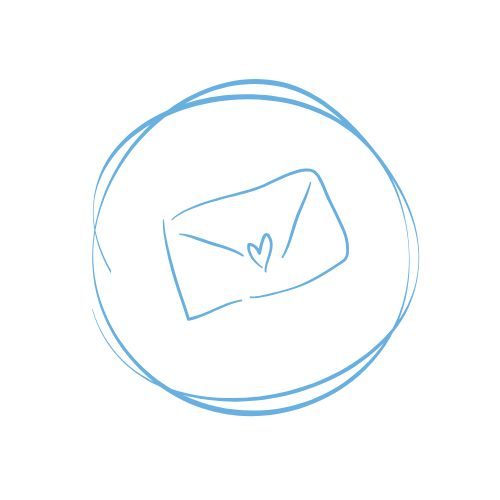 Sobre un fondo circular azul, hay un dibujo de un sobre con un corazón.