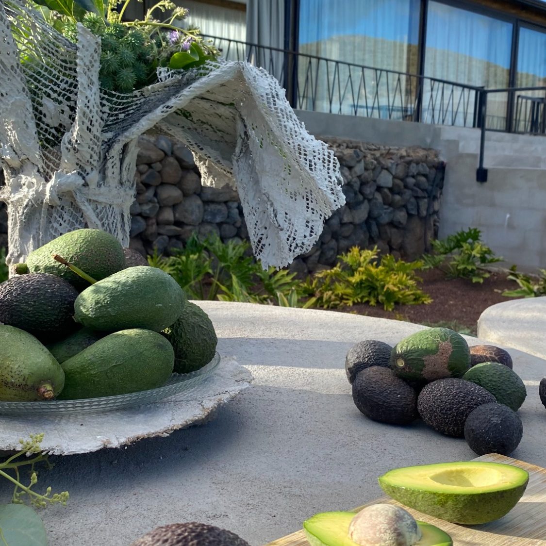 Organización de evento corporativo Sala de eventos con mesas elegantes y proyector en la pared. Decoración blanca y morada.